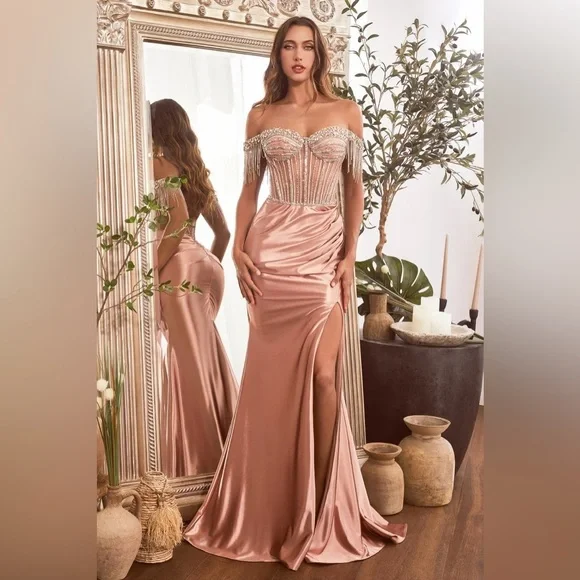 slim fit dress slacks Rose Gold Beaded Fitted Gown with Spaghetti Straps – Elegant Formal Evening  Dress